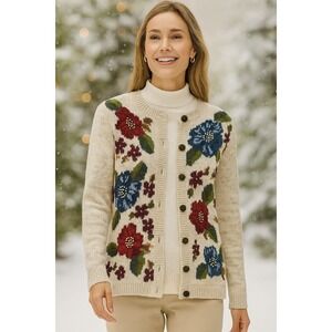 Vtg Alfred Dunner Beige Floral Cardigan Sweater Women's Small Petite Knit Button